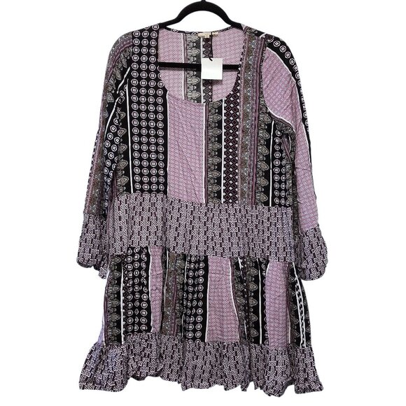 NWT Easel Multicolor Boho Patchwork Long-Sleeve Ruffle Tiered Dress S - Picture 1 of 6